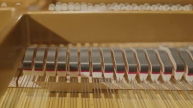 Müzik çalarken piyanonun içindeki çekiçlerin ve tellerin seçici odak çekimini kapat