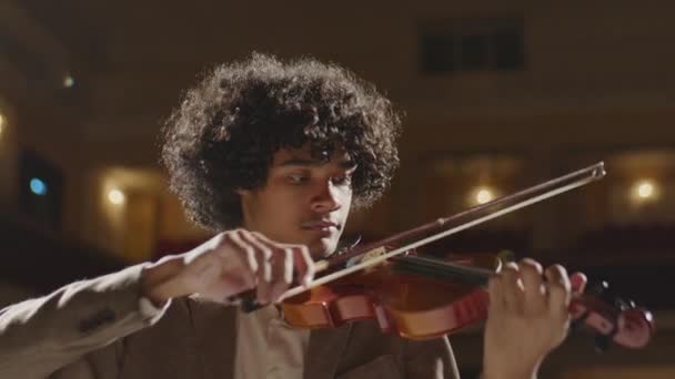 Jeune Musicien Afro Américain Jouant Violon Tout Pratiquant Sur Scène — Video