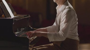 Konser salonunda piyano çalan profesyonel müzisyenin yan görüntüsü.