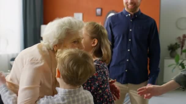 Χαρούμενη Ηλικιωμένη Γιαγιά Που Αγκαλιάζει Μικρά Εγγόνια Ενώ Χαιρετάει Την — Αρχείο Βίντεο