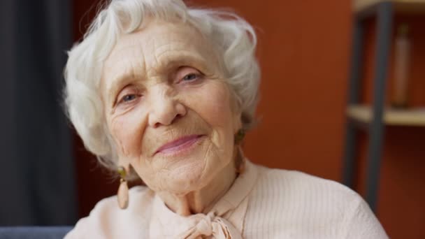 Portrait Beautiful Elderly Woman Gray Hair Looking Camera Happily Smiling — Stock Video