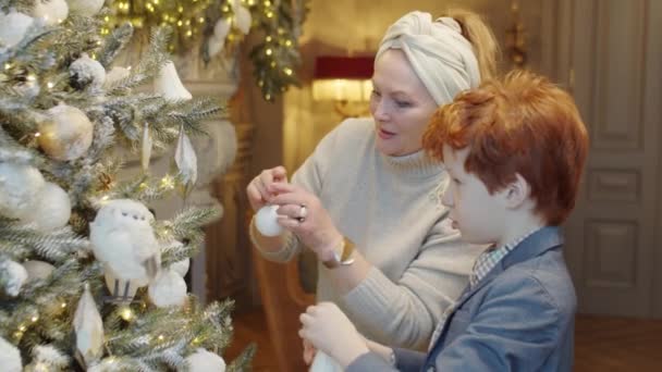 Schöne Großmutter Schmückt Weihnachtsbaum Zusammen Mit Kleinem Enkel Hause Dann — Stockvideo