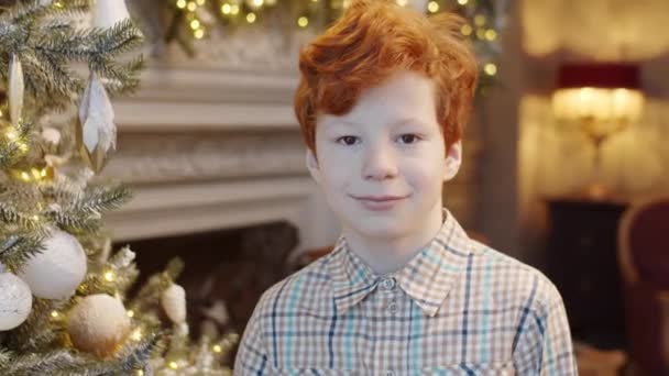 Retrato Niño Caucásico Con Pelo Jengibre Pie Junto Árbol Navidad — Vídeos de Stock