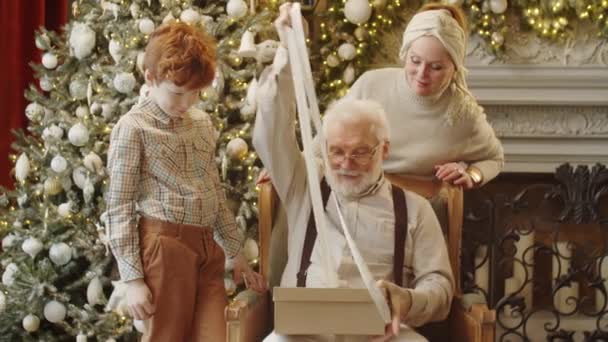 Senior Grootvader Met Grijs Haar Baard Zitten Buurt Van Kerstboom — Stockvideo