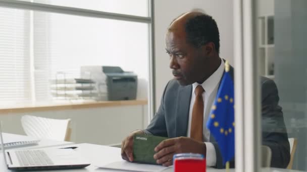 非洲裔美国领事官员在欧盟大使馆工作时 穿着正式的检查证件 并在签证申请表上盖上印章 — 图库视频影像
