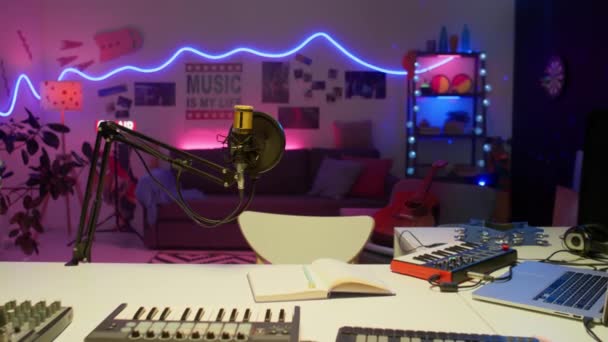 Zoom Shot Desk Music Recording Equipment Audio Production Studio Colorful — Stock Video