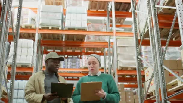 白人女经理和她的非洲裔美国男同事在仓库工作时在剪贴板上讨论某件事的低角度镜头 — 图库视频影像