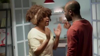 Saldırgan Afrikalı Amerikalı kadın kocasına bağırıyor ve evdeki aile çatışması sırasında onunla kavga ediyor.