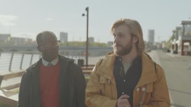 非洲裔美国人和白人男性朋友在城市的河堤上一起散步 一边聊天一边一起去上班 这让人兴奋极了 — 图库视频影像