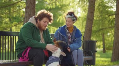 Genç adam ve kadın parkta bankta birlikte oturuyor ve corgi ve staffordshire teriyer köpeklerini okşuyor.