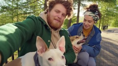 Parktaki bankta oturan ve sevimli köpeklerle selfie çekerken kameraya gülümseyen mutlu çiftin görüntüsü.