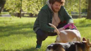 Genç ve neşeli bir adam parkta yeşil çimlerde köpeğiyle oynarken eğleniyor.