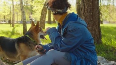 Genç bir kadın akıllı telefon tutuyor ve parkta yeşil çimlerde otururken selfie çektiği için tatlı Corgi köpeğini arıyor.