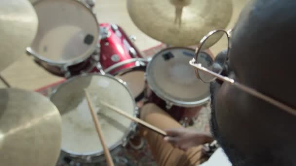 High Angle Selective Focus Shot African American Drummer Playing Drumkit — Stock Video