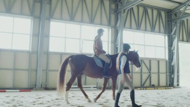 Panorámica Tiro Instructora Principal Caballo Mientras Que Lección Equitación Mujer — Vídeos de Stock
