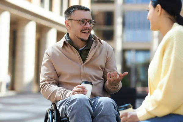 Man Disability Drinking Coffee Talking Friend City Outdoors — Stock Photo, Image