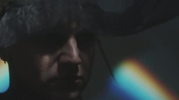 Close Shot Dramatic Man Taking Black Gothic Veil Dark Studio — Stock Video