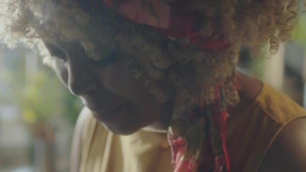 Närbild Afroamerikansk Kvinna Skära Torkade Tomater Med Kniv Träskiva Titta — Stockvideo
