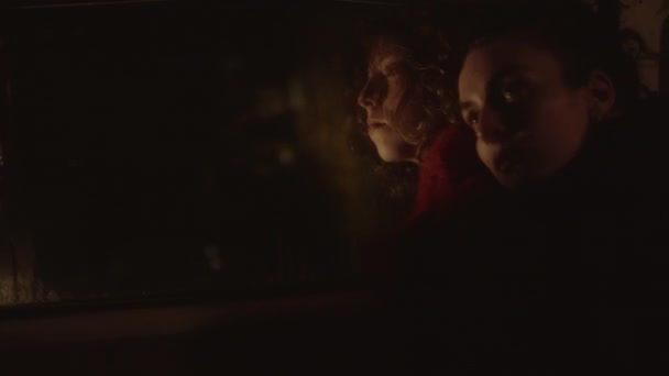 年轻女子夜间坐在汽车后座上 靠在女友身上 — 图库视频影像