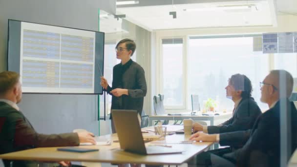 デジタルホワイトボード上の財務データについて語るビジネスマンと オフィスでの企業ミーティング中に同僚のチームにプレゼンテーションを行うビジネスマン — ストック動画