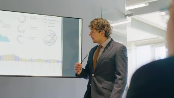 Businessman Formal Suit Explaining Financial Infographics Digital Whiteboard While Giving — Stock Video
