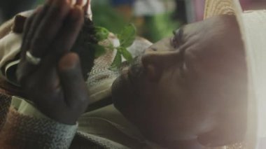 Yetişkin bir Afrikalı Amerikalı çiftçinin genç bitkilerle toprak tutarken ve yaz günü açık havada yeşil yapraklar koklarken dikey yakın çekimi.