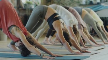 Spor kıyafetli bir grup kadın, yoga dersinde kadın eğitmenle birlikte köpek pozu veriyor.