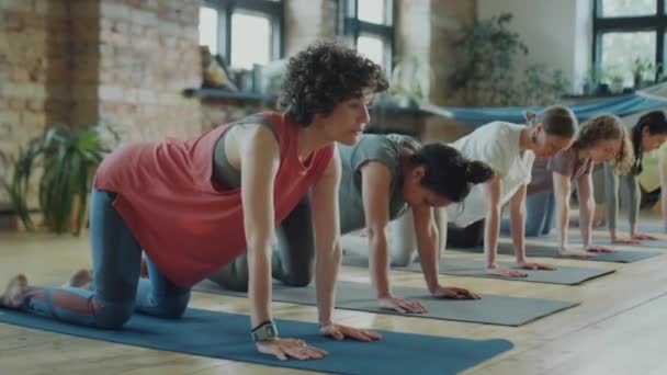 Yoga Antrenmanı Sırasında Stüdyoda Kadın Eğitmenle Kol Bacak Egzersizi Yapan — Stok video