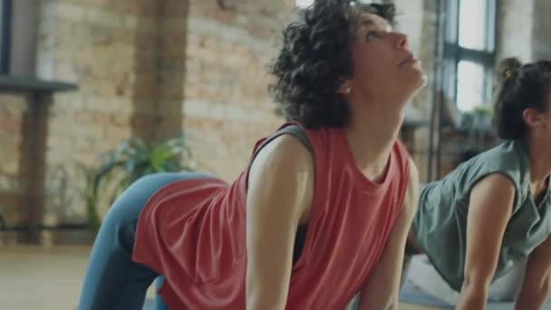 Vrouwelijke Leraar Groep Vrouwen Die Kat Koe Poseren Tijdens Yogales — Stockvideo