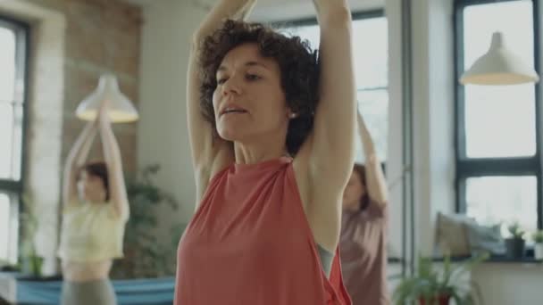 在纳马斯特拍摄女瑜伽老师手牵手在演播室集体练习时讲话的胸部照片 — 图库视频影像