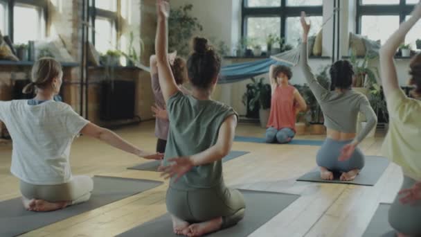 Bir Grup Kadın Paspasın Üzerinde Oturup Ellerini Arkada Birleştirirken Yoga — Stok video