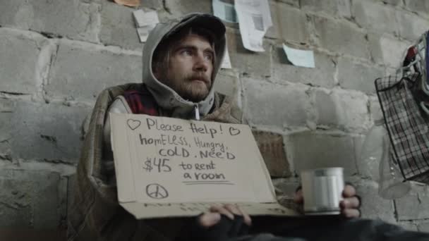 노숙자 누더기 과판지 표지판으로 구걸하는 — 비디오