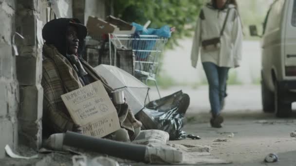 Afroamericano Mendigo Callejero Sentado Suelo Con Cartel Cartón Taza Metal — Vídeo de stock
