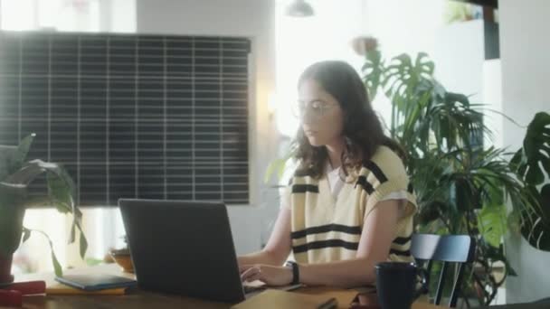 机の上のノートパソコンにタイプする眼鏡の女の子太陽光パネルや植物と環境に優しい家のオフィスで働いている間 — ストック動画