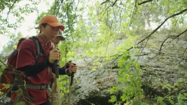Низький Кут Стрільби Двох Азіатських Туристів Проходять Через Гірський Ліс — стокове відео