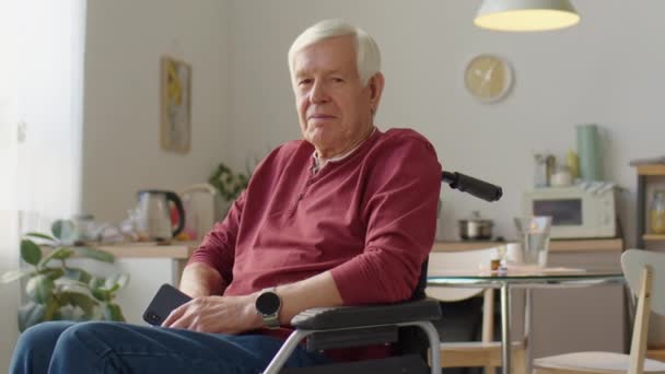 坐在轮椅上 手持智能手机 在家里摆姿势拍照的白发老人的画像 — 图库视频影像