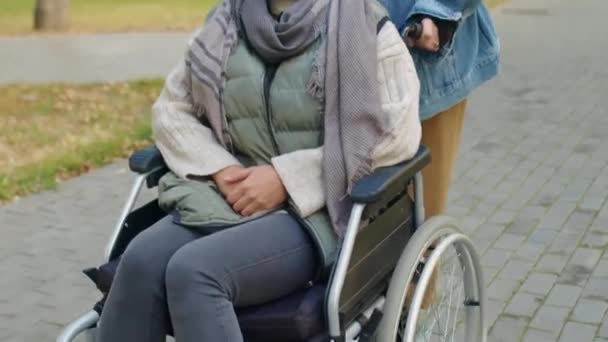 秋の日に公園を歩きながら 車椅子に座っている若い女性のショットを傾け 女性の友人によって押され 彼女とチャット — ストック動画