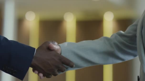 Nahaufnahme Des Handschlags Von Bis Zur Unkenntlichkeit Multiethnischen Geschäftspartnern — Stockvideo