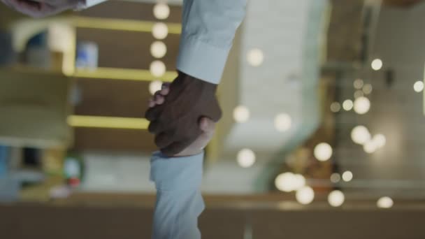 Vertical Close Shot Handshake Multiethnic Businessman Businesswoman Having Meeting Talking — Stock Video