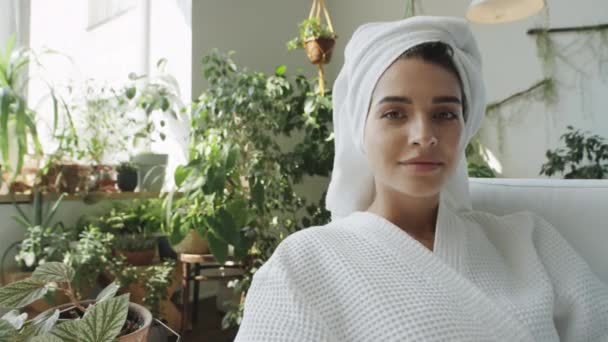 Chest Portrait Shot Young Attractive Woman Bathrobe Towel Wrap Head — Stock Video