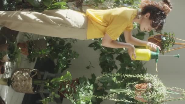 집에서 정원을 돌보는 냄비에 식물을 여자의 — 비디오