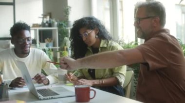 Çok ırklı iş adamlarından oluşan bir ekip dizüstü bilgisayarla proje tartışırken ev bitkileriyle donatılmış rahat bir ofiste birlikte çalışıyorlar.