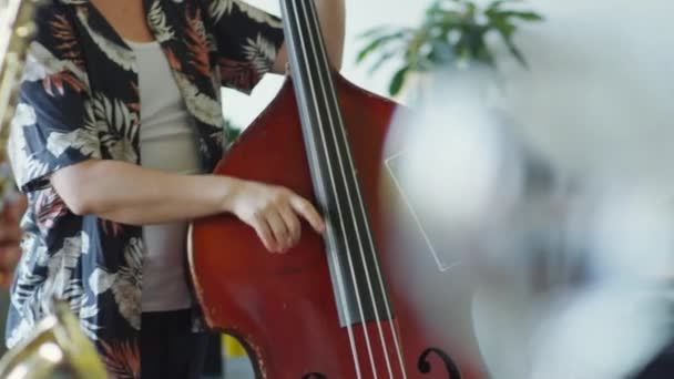 Stüdyoda Prova Sırasında Caz Grubunun Saksafon Çift Bas Davul Çaldığı — Stok video