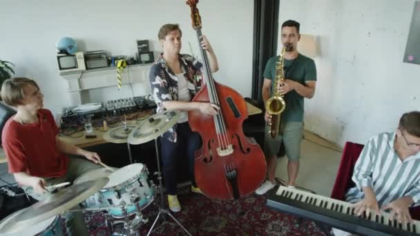 High Angle Shot Jazz Band Playing Music Instruments Rehearsal Studio — Stock Video