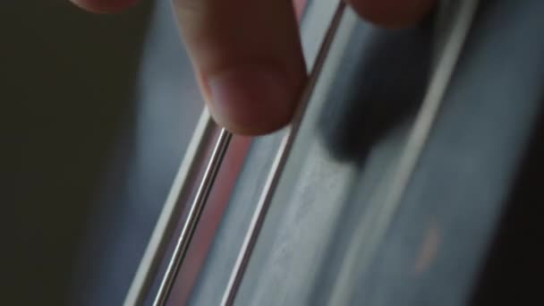 Dettaglio Colpo Mani Musicista Pizzicare Corde Contrabbasso Durante Riproduzione Musica — Video Stock