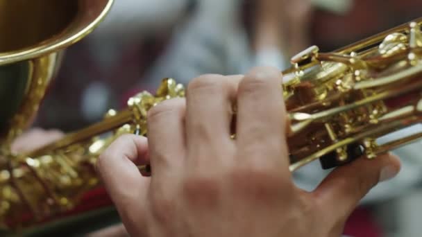 Vertikal Närbild Skott Händer Instrumentalist Trycka Saxofon Nycklar Medan Spelar — Stockvideo
