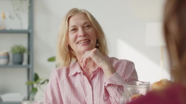 stock video Over the shoulder shot of beautiful senior woman chatting with family while having holiday dinner at home