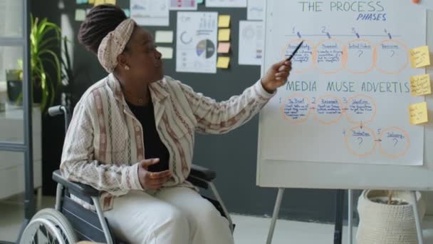 African American Επιχειρηματίας Αναπηρική Καρέκλα Εξηγώντας Σχήμα Στο Διάγραμμα Ενώ — Αρχείο Βίντεο