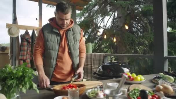 烹饪博主切下茄子 在镜头前发表演说 同时准备蔬菜 在室外平台上烧烤 — 图库视频影像