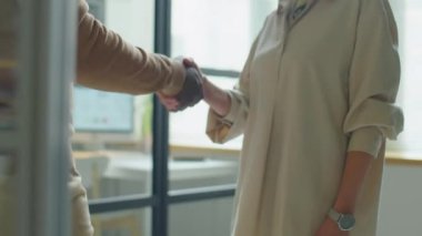 Siyahi iş adamının, Beyaz kadın meslektaşını selamlarken ve ofisinde konuşurken orta bölüm fotoğrafı.